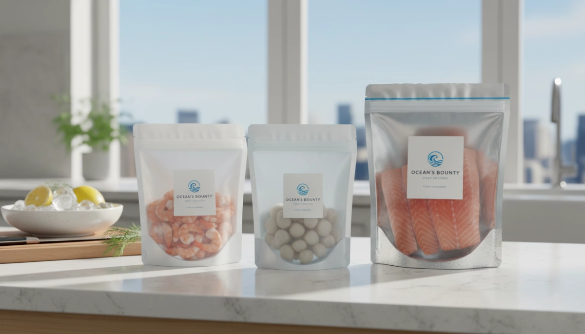 Ziplock Bags for Seafood Packaging Durable Leakproof Storage 1 Jenis Beg Ziplock Pembungkusan Hadapan Perikanan