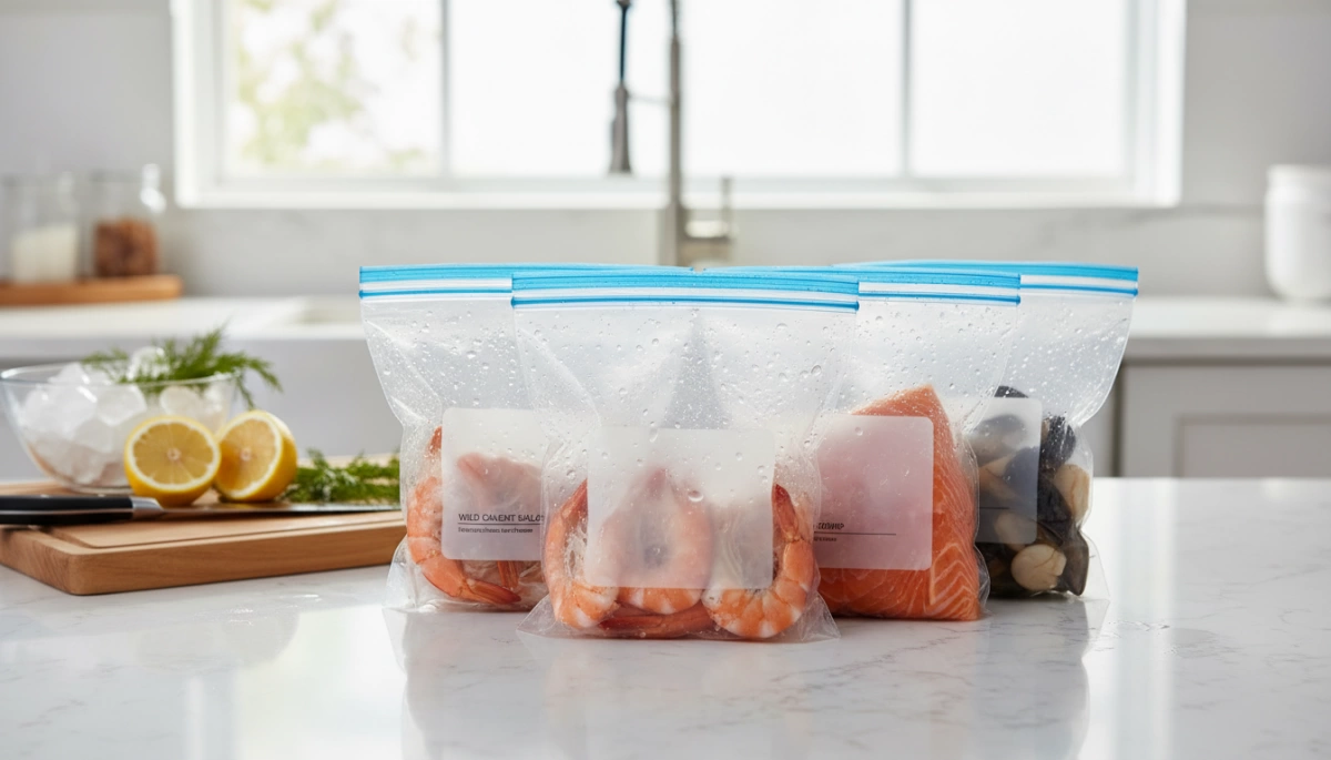 Ziplock Bags for Seafood Packaging Durable Leakproof Storage 2 Ciri-ciri Beg Ziplock untuk Pembungkusan Hadapan Perikanan